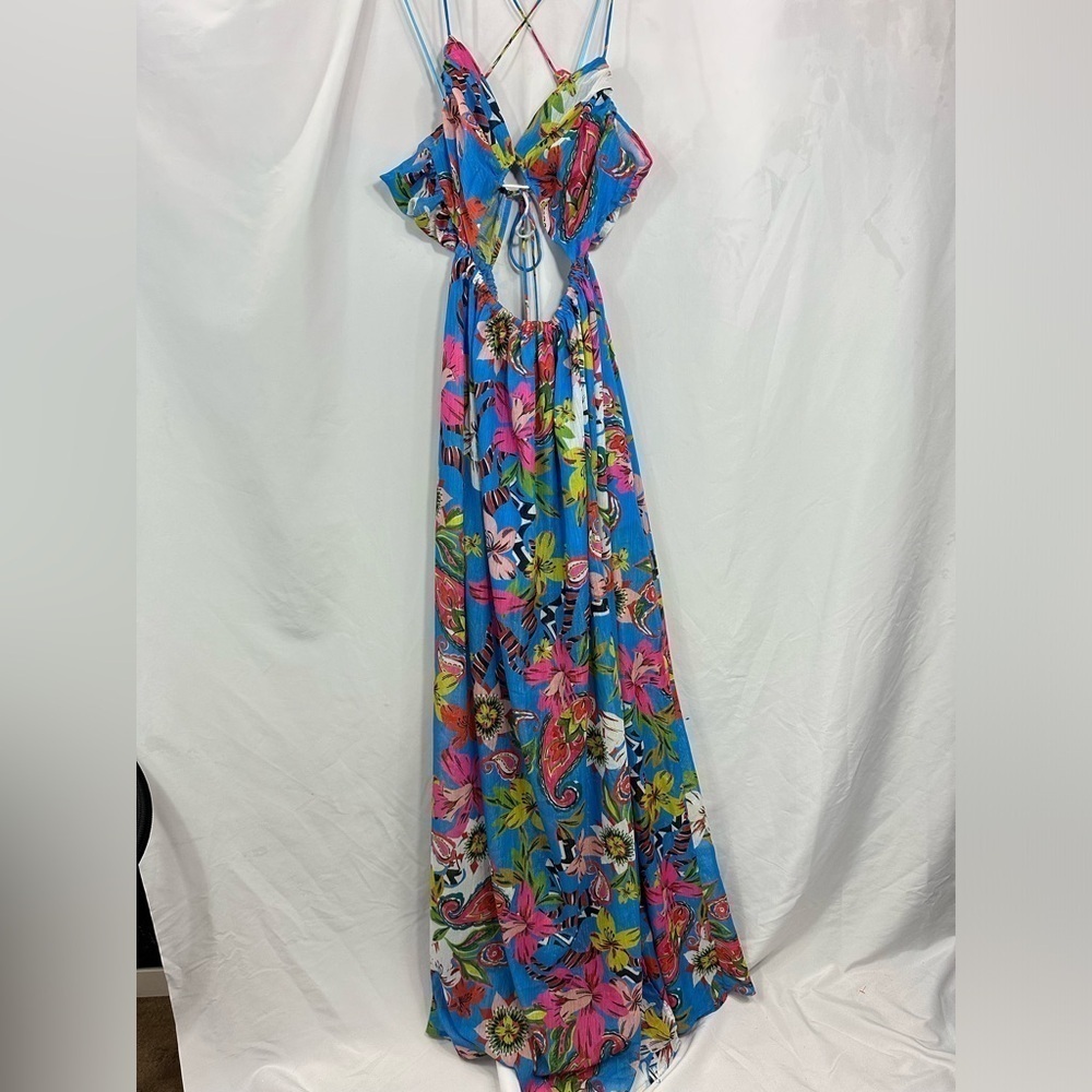 Fashion Nova Rio tropical blue floral maxi dress with leg slit size S - Picture 2 of 10